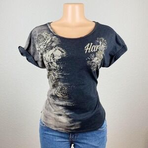 Vintage Harley Davidson Y2K Black and Tan Bling Detail Short Sleeve Biker Shirt